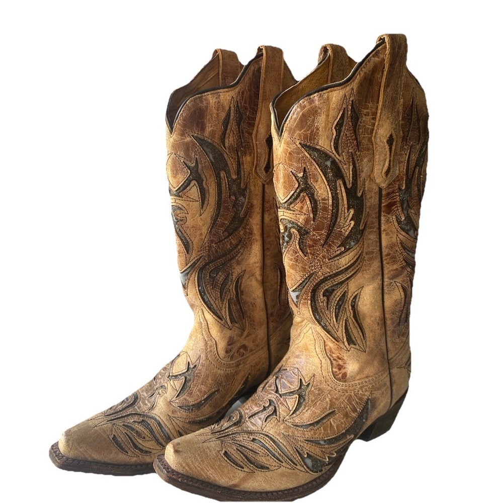 Corral Vintage Distressed Leather Eagle Overlay Western Boots Women's 7M - Picture 2 of 8